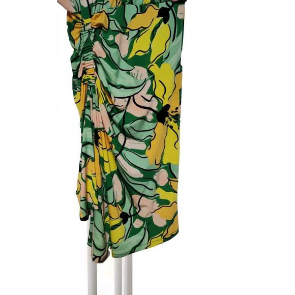 Maggy London Pullover Gathered Waist•Hi-Lo Rouched Tropical Print Sheath Dress•4 - Picture 5 of 9